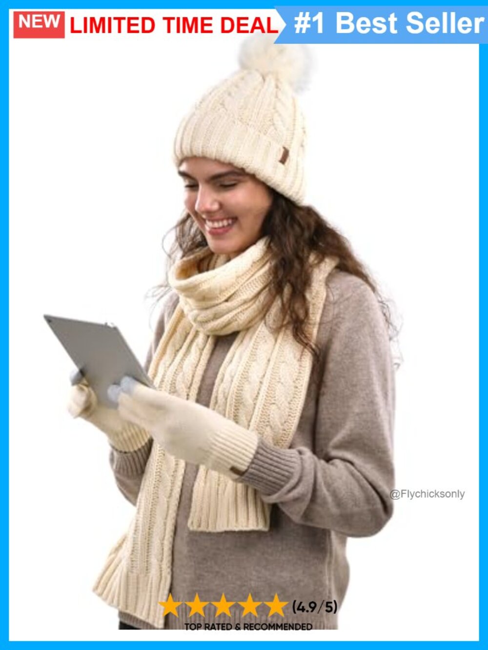3-in-1 Winter Hat Gloves Scarf Set Soft Fleece Lined Acrylic Knit Beanie Pom